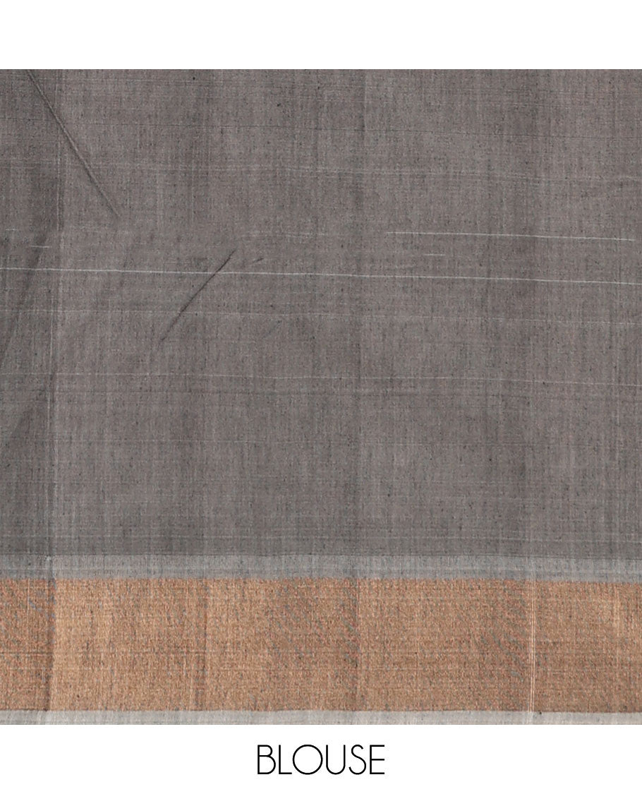 Red buttas and diamond patterned silk cotton saree, contrast bavanji border, and pallu of ikkat floral design