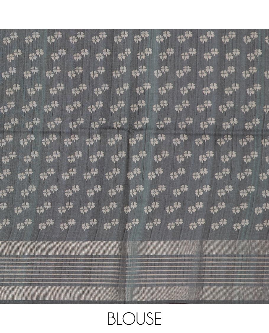 Brown floral and geometric printed tussar silk saree, contrast geometric patterned border, and pallu of geometric patterns