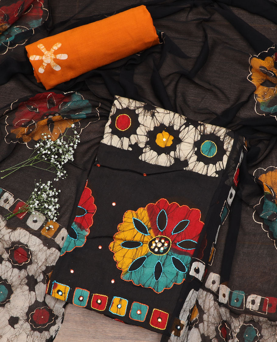 Multi-color material chudidar set, batik printed with mirror embroidered top, contrast yellow batik printed bottom, and batik printed dupatta