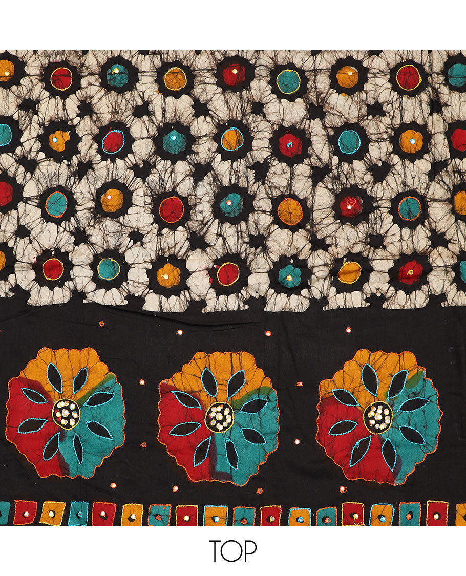 Multi-color material chudidar set, batik printed with mirror embroidered top, contrast yellow batik printed bottom, and batik printed dupatta