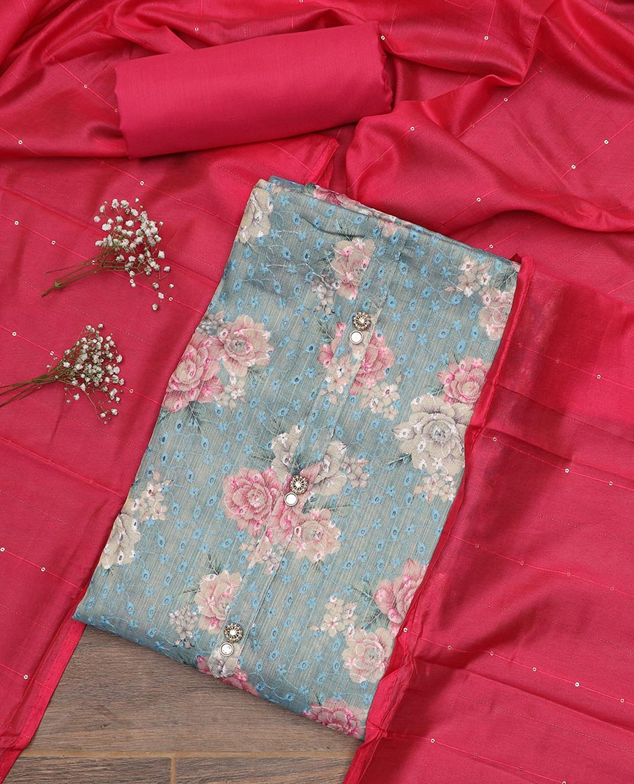 Blue material chudidar set, floral print with thread embroidered top, contrast plain bottom and sequins striped dupatta