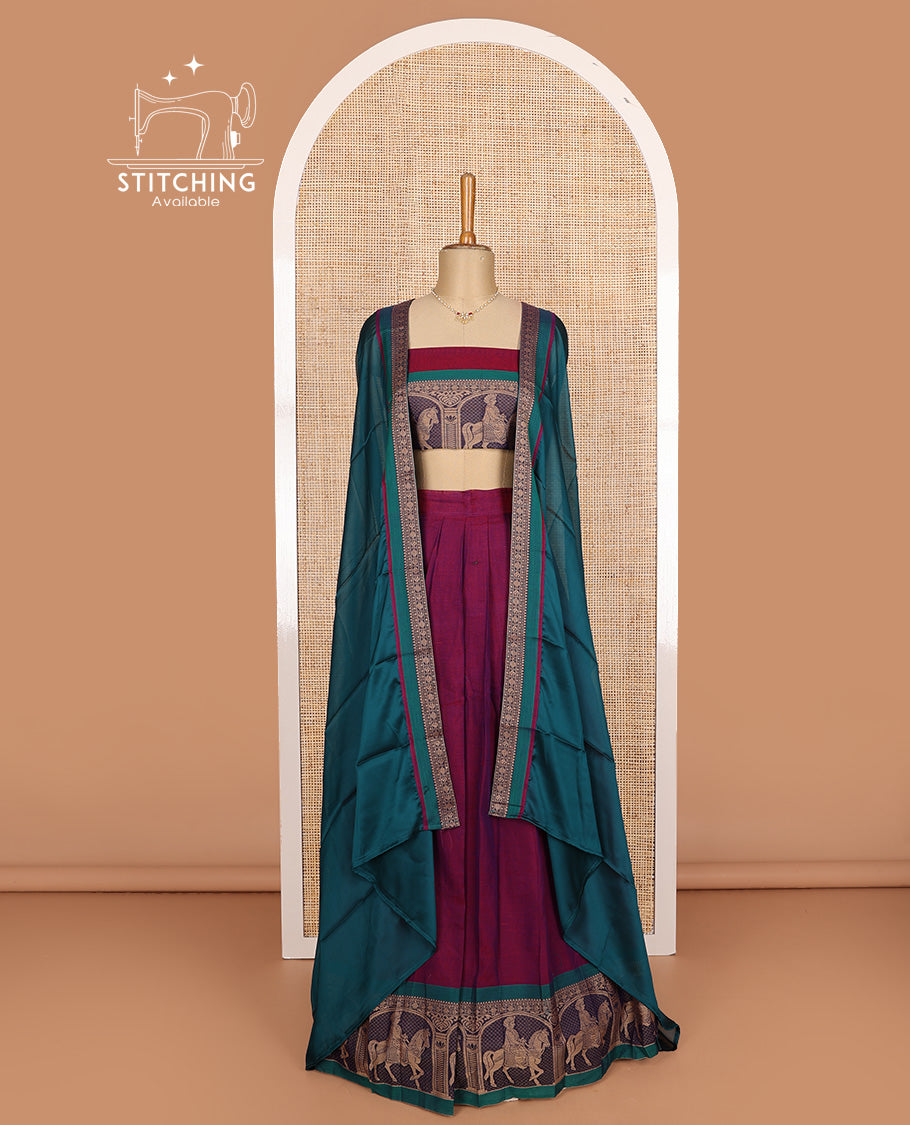 Purple cotton half-saree, plain with contrast man on the horse motifs bordered skirt, matching blouse, and contrast dhavani