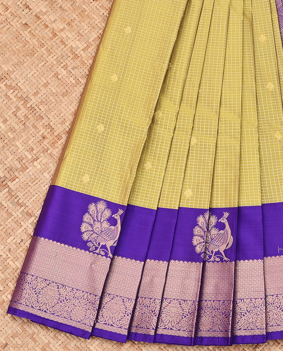Green Budget Silk Saree, Subtly Woven with Buttas and Checks On Its Body, Complemented by Contrast Traditional Zari Border of Peacock Designs, Chevron Striped Pallu and Paired with a Contrast Blouse