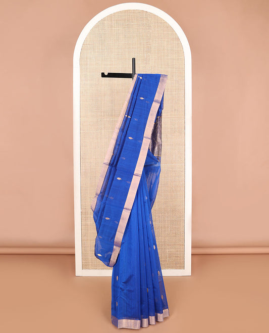 Blue leaf motifs chanderi cotton saree with contrast zari border & striped pallu