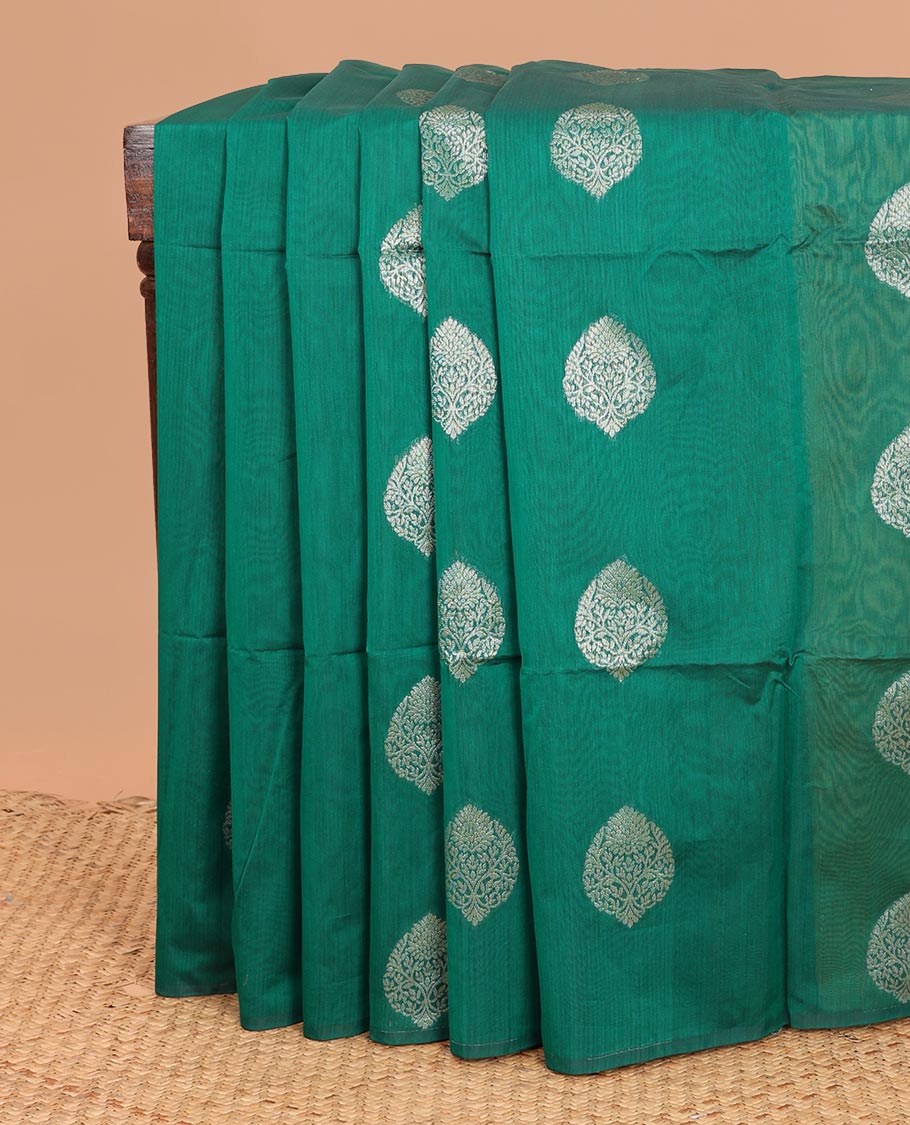 Borderless green zari buttas semi-silk cotton saree, contrast pallu of intricate designs