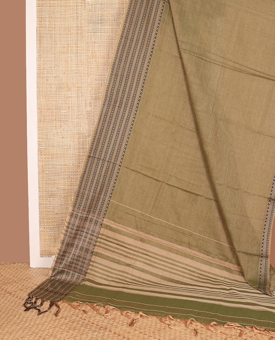 Khaki color plain Narayanapet cotton saree, traditional motifs woven border, and striped pallu