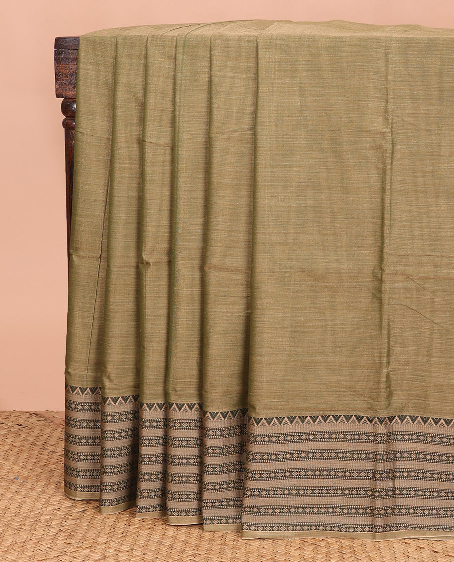 Khaki color plain Narayanapet cotton saree, traditional motifs woven border, and striped pallu