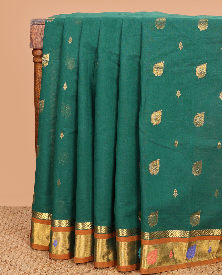 Green zari buttas Venkatagiri cotton saree, contrast thread and zari woven border, and zari striped pallu