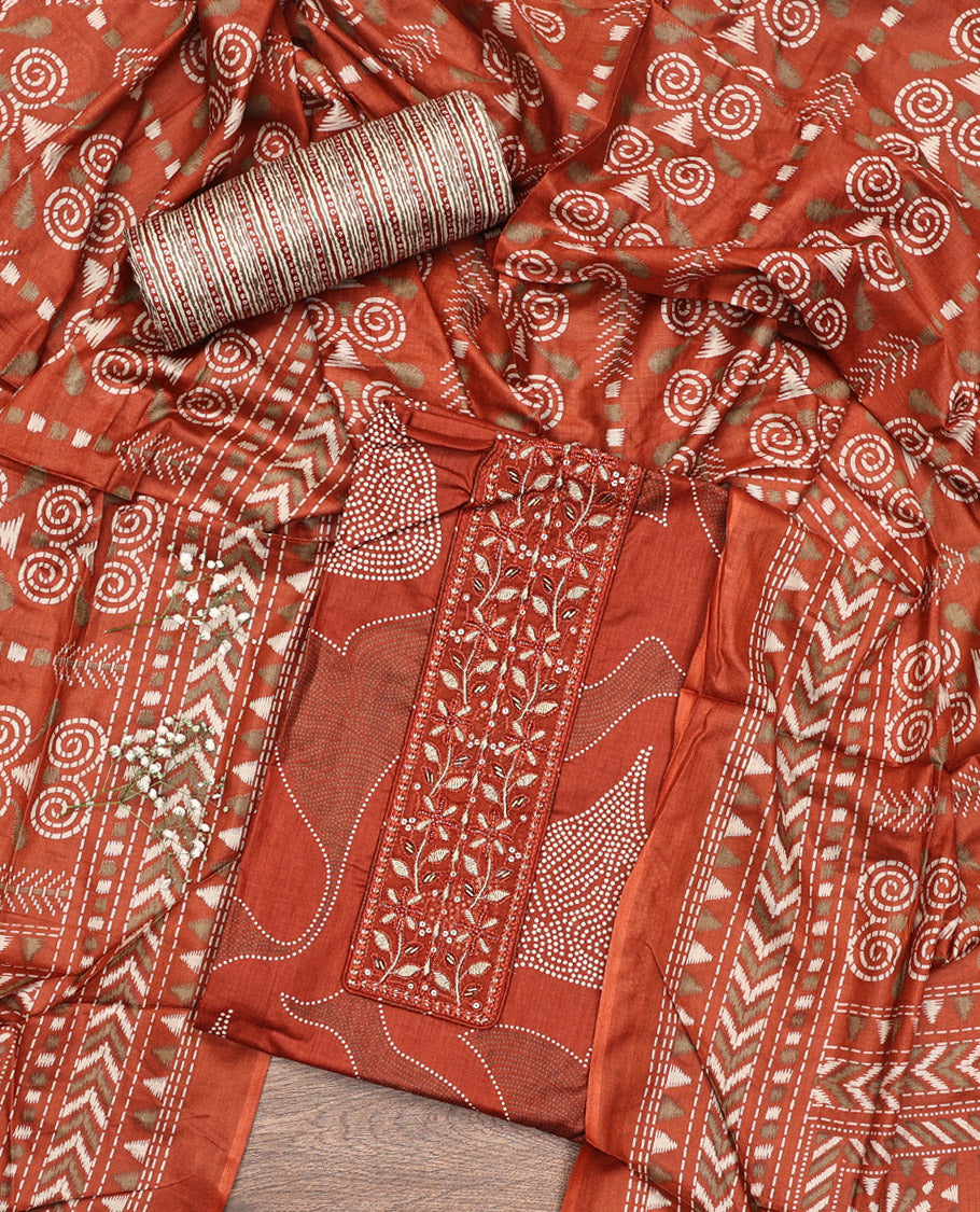 Rust Material Chudidar Set, Decorated with Abstract Print and Neck Embroidered Cotton Top, a Printed Cotton Bottom, and Paired with a Ikkat-Style Geometric Printed Cotton Dupatta