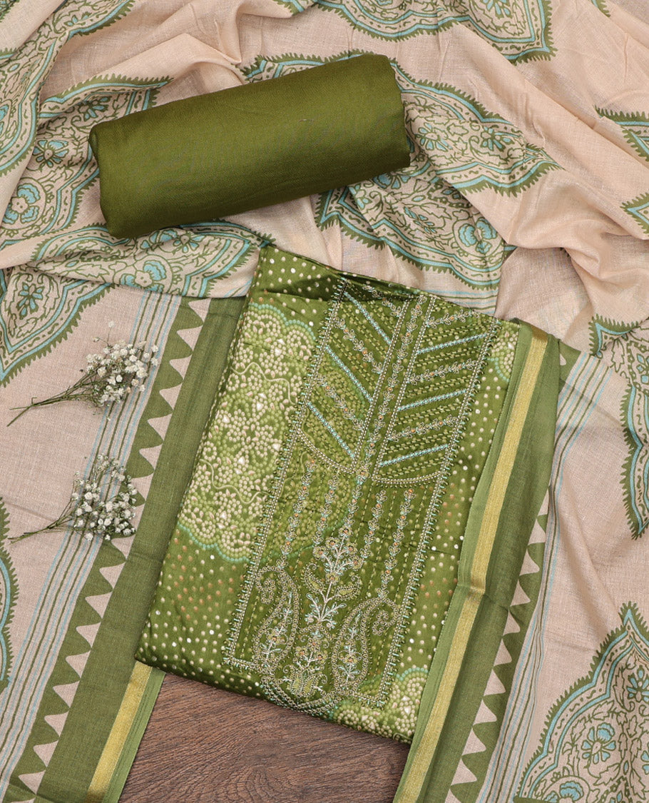 Green Material Chudidar Set, Accentuated with Bandhani Dot Printed and Embroidery on Rayon Top, a Rayon Bottom, and Paired with Contrast Intricately Printed Cotton Dupatta