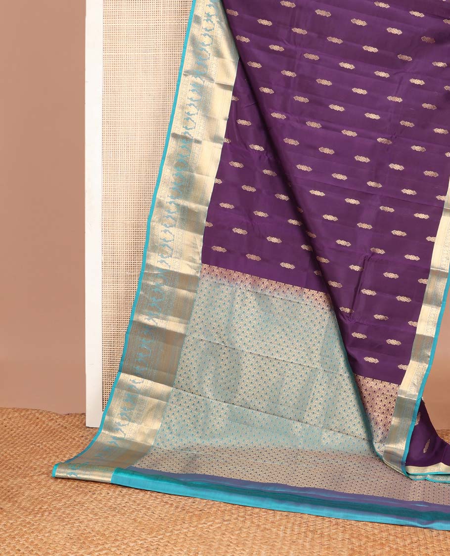 Purple zari buttas Vasundhara silk mix saree, contarst border of manga & iruthalai pakshi designs & jaal pallu