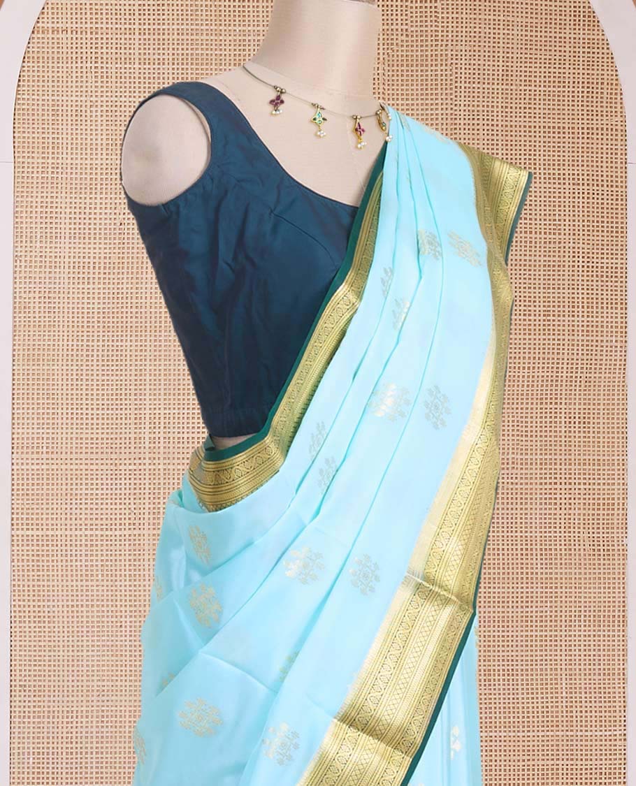 Baby blue zari buttas Mysore silk saree, contrast traditional zari design border & zari-rich jaal pallu