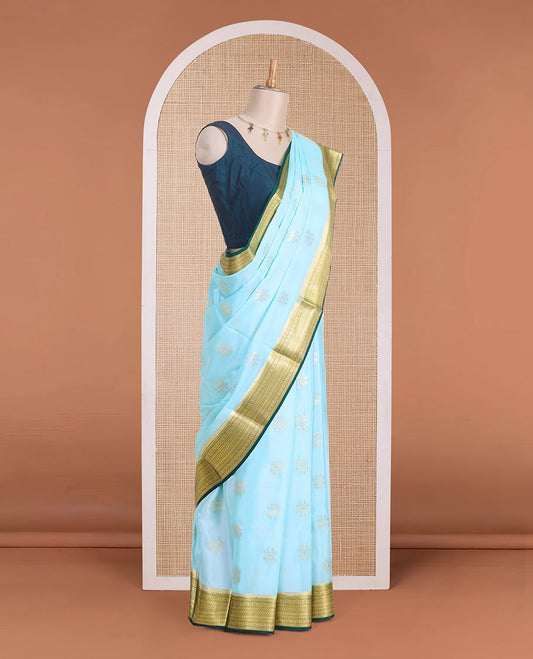 Baby blue zari buttas Mysore silk saree, contrast traditional zari design border & zari-rich jaal pallu