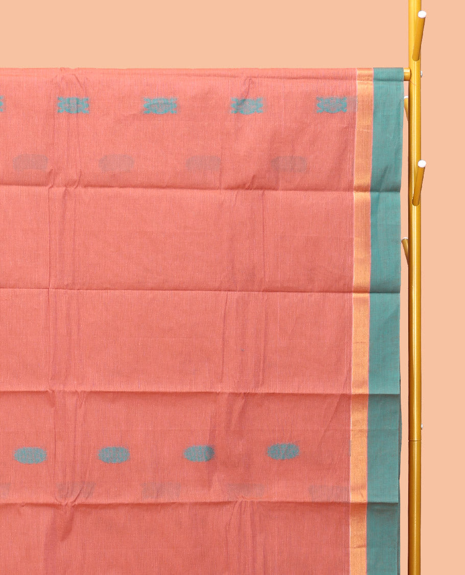 Peach Kanchi Cotton Saree, Adorned with Buttas, Complemented by a Contrast Border, Intricate Pallu, and a Matching Blouse