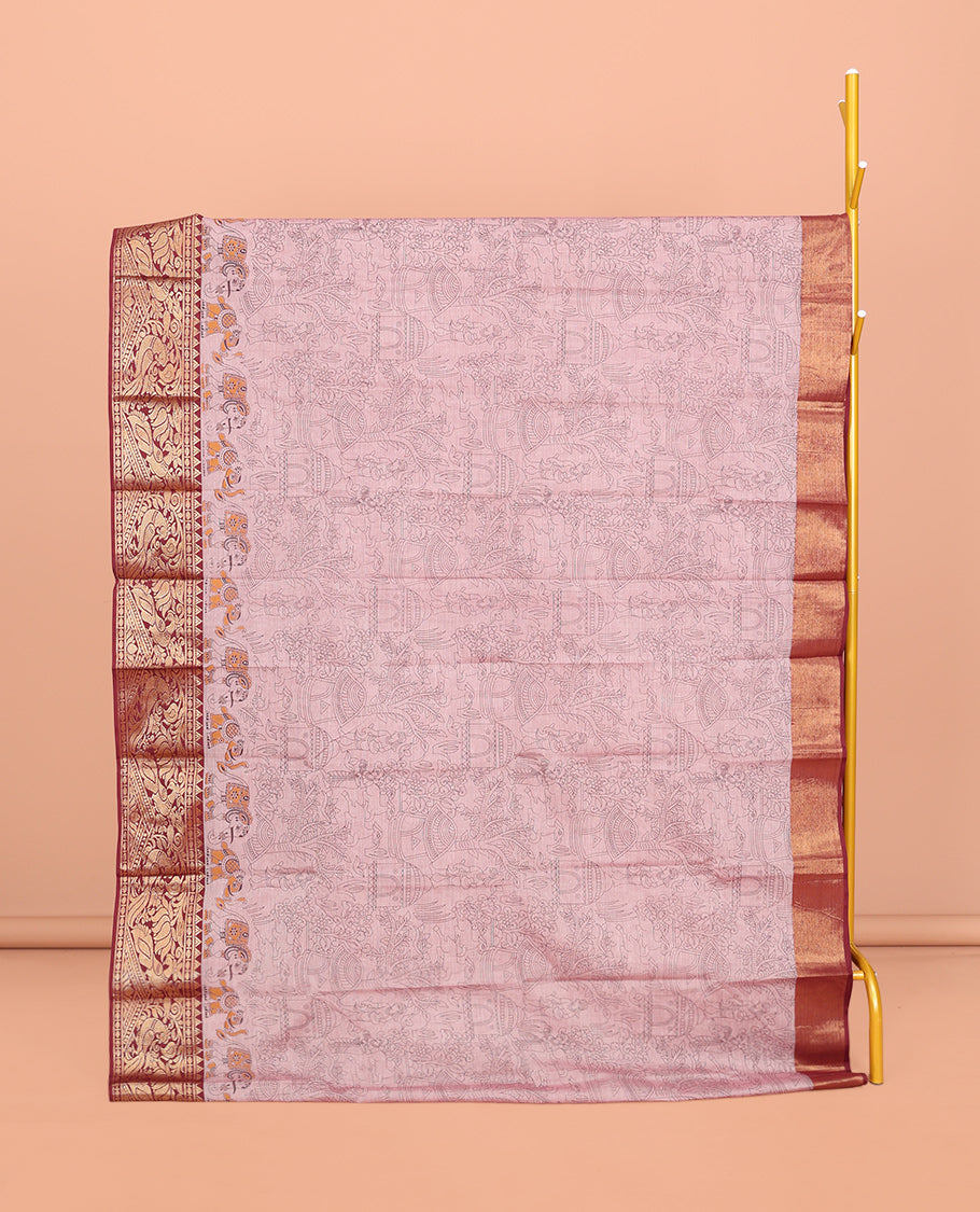 Pink Andhra Cotton Saree, Prettified with Village-Themed Print, a Contrast Peacock Zari Border, a Pallu of Patola-Print, and a Matching Blouse