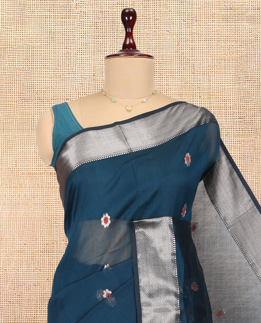 Blue Maheshwari Cotton Saree, Delicately Woven with Meena Buttas, a Contrast Chevron Striped Zari Border, Pallu of Zari Designs, and a Matching Blouse