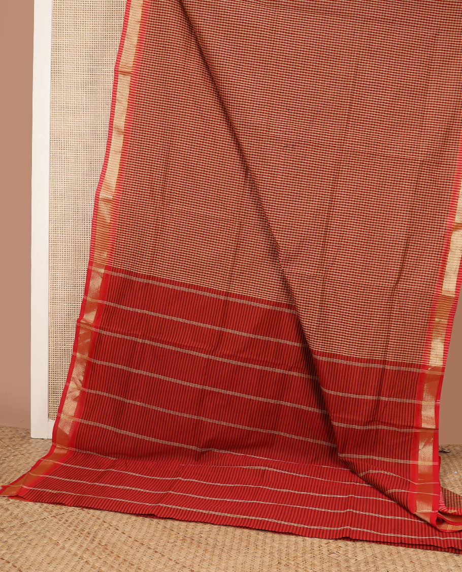 Multi-color micro-checked design poly cotton saree, traditional zari border & striped pallu