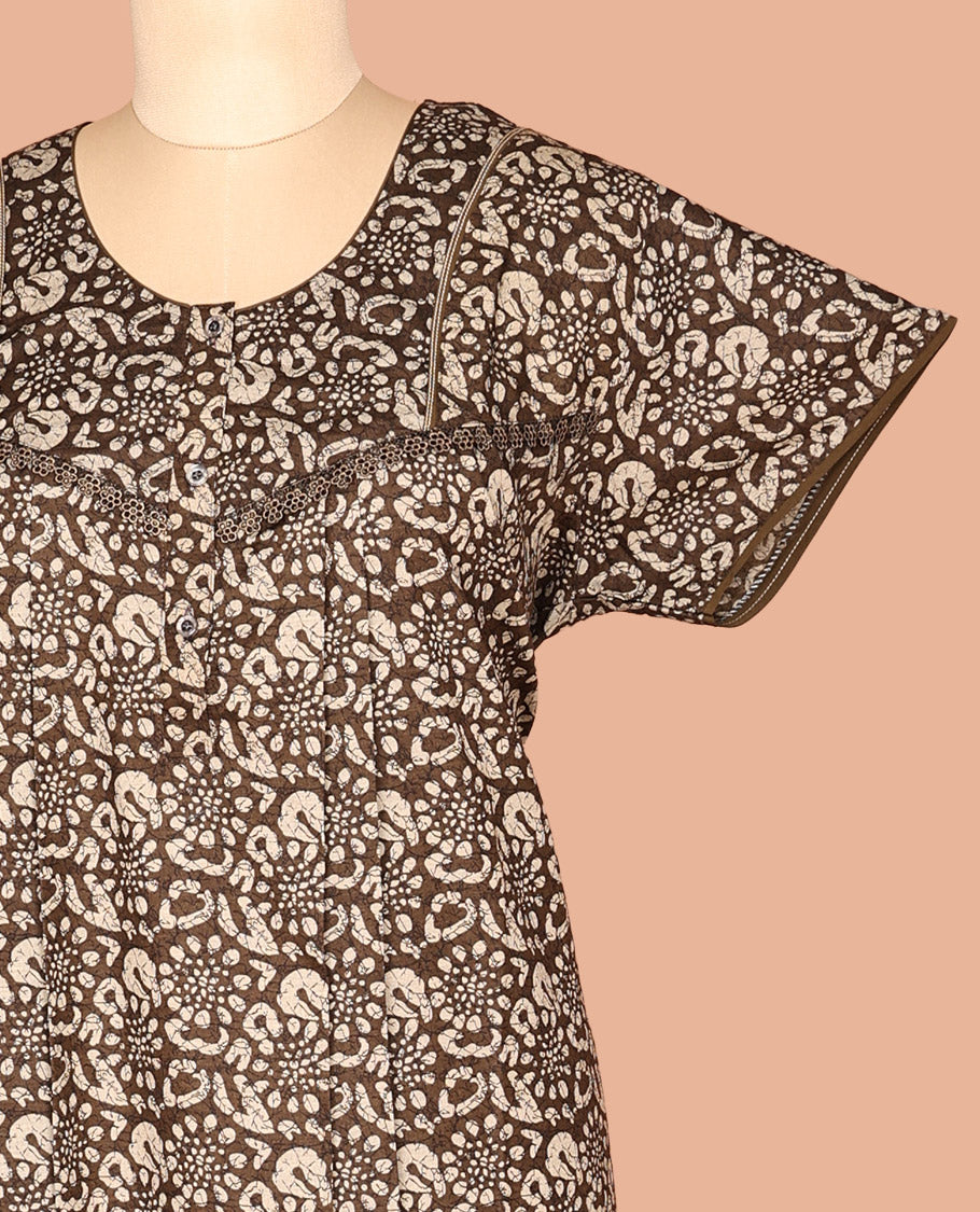 Light Brown Round Neck Cotton-Blended Nighty