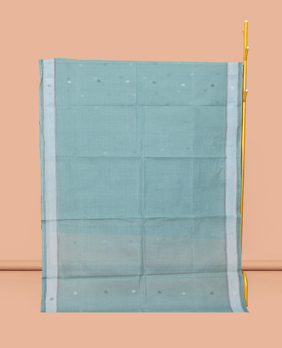 Blue Bengal Cotton Saree, Woven with Buttas, a Subtle Border, Pallu of Stripes, and a Matching Blouse
