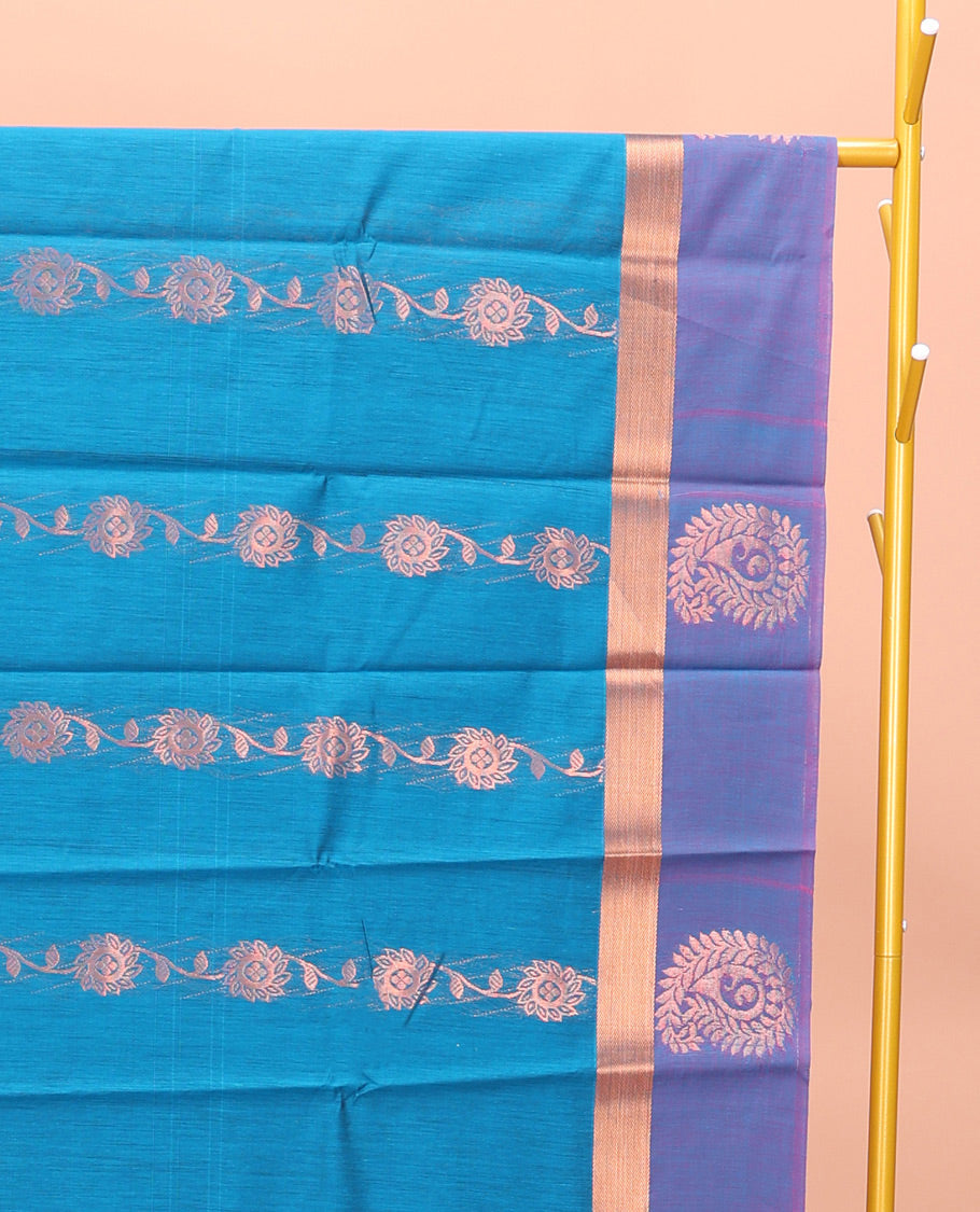 Blue Semi-Silk Cotton Saree, Artfully Adorned with Floral Creeper Design All Over Its Body, Complemented by a Contrast Paisley Zari Design Border, Pallu of Paisley Design, and Paired with a Matching Blouse