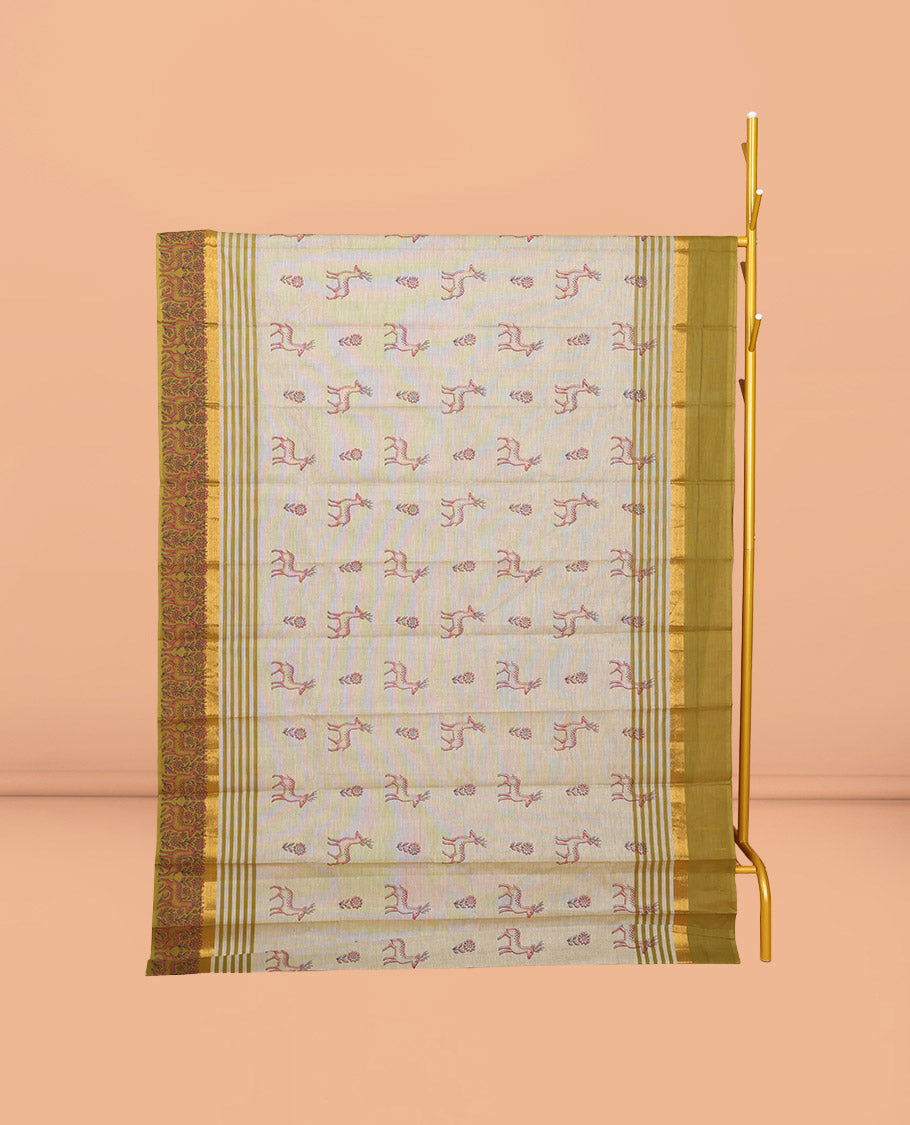 Grey Chirala Cotton Saree, Detailed with Floral and Deer Motifs, a Contrast Deer Motifs Border, Striped Pallu, and a Matching Blouse