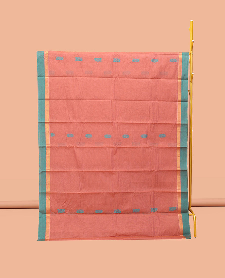 Peach Kanchi Cotton Saree, Adorned with Buttas, Complemented by a Contrast Border, Intricate Pallu, and a Matching Blouse