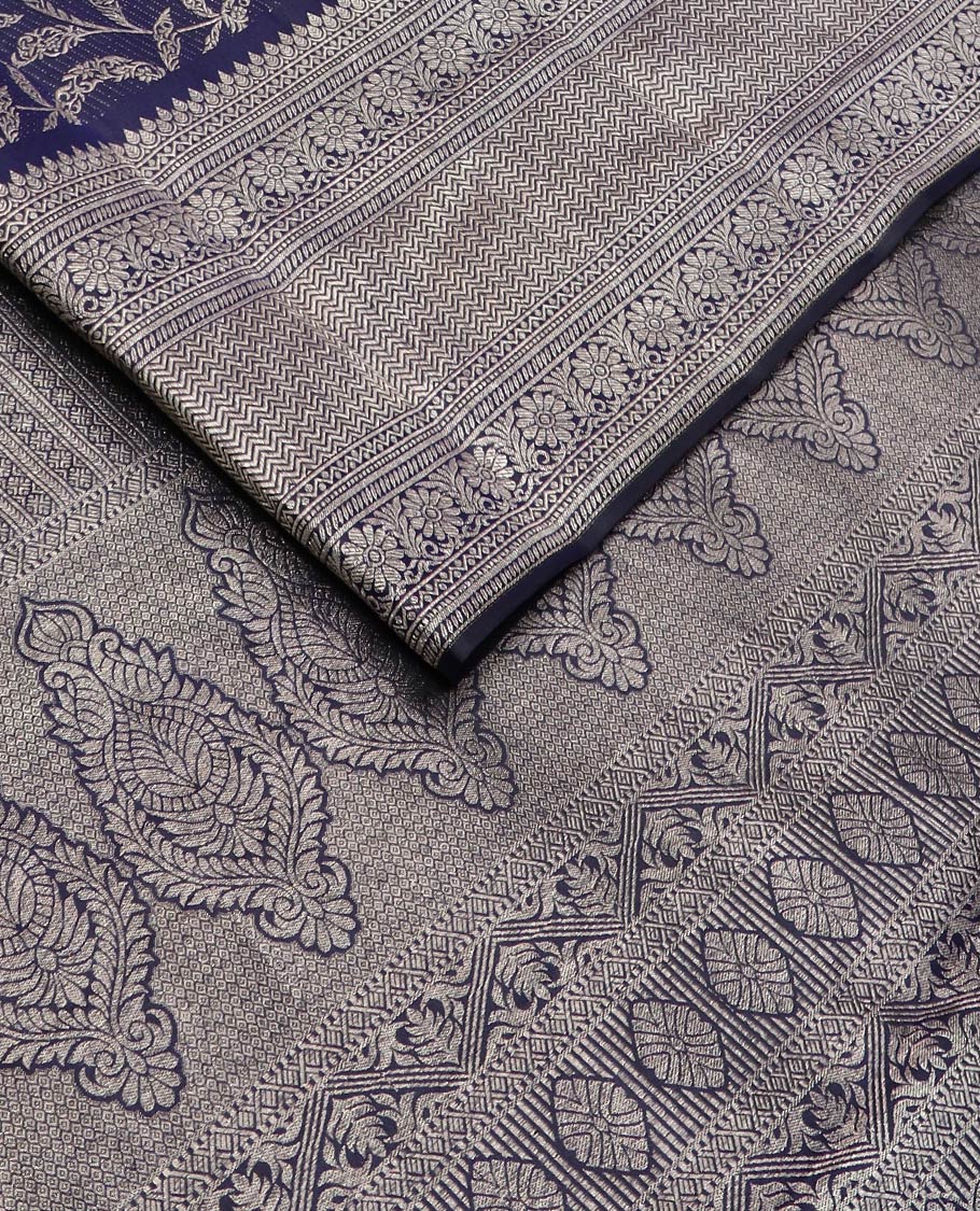 Blue floral-theme zari jacquard silk saree, intricate pallu & border of thilakam,neli,godhumai kann,kodi visiry & vanki
