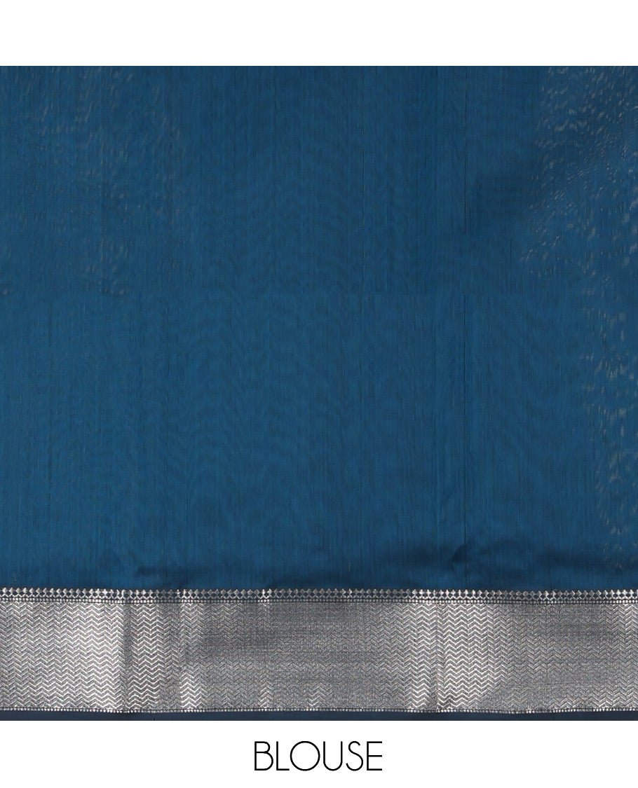 Blue Maheshwari Cotton Saree, Delicately Woven with Meena Buttas, a Contrast Chevron Striped Zari Border, Pallu of Zari Designs, and a Matching Blouse