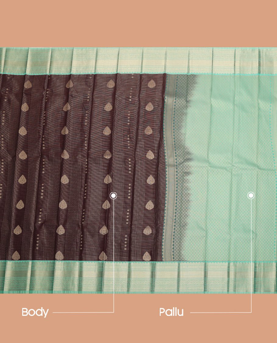 Brown Budget Silk Saree, Finely Crafted with Zari Buttas and Checks, Complemented by a Contrast Traditional Zari Border, Jaal Pallu, and a Contrast Blouse