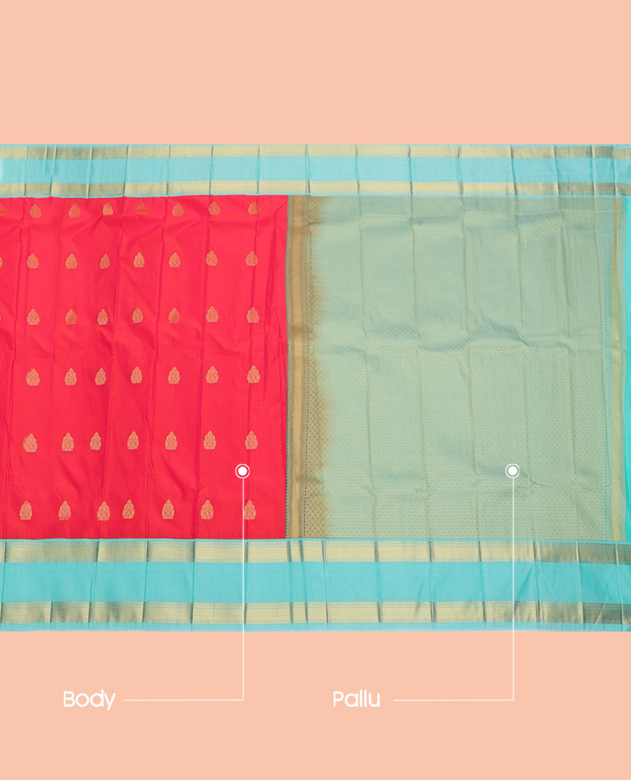 Red Budget Silk Saree, Gleamed Up with Zari Buttas, Complemented by a Contrast Traditional Zari Rettai Pettu Border, Jaal Pallu, and Contrast Blouse