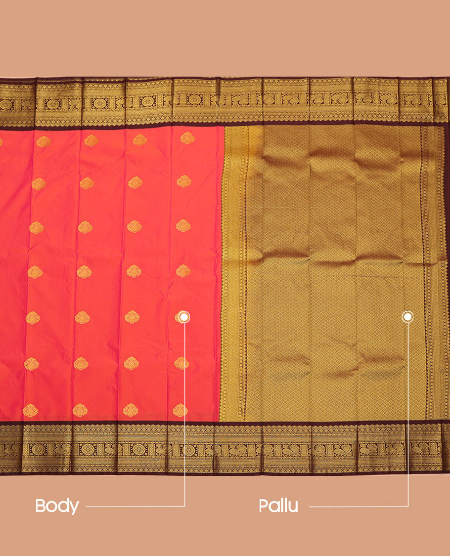 Orange Budget Silk Saree, Beautifully Bedecked with Zari Buttas All Over Its Body, Complemented by Contrast Traditional Border of Peacock-Chakram Designs, Intricate Jaal Pallu, and Paired with a Contrast Blouse