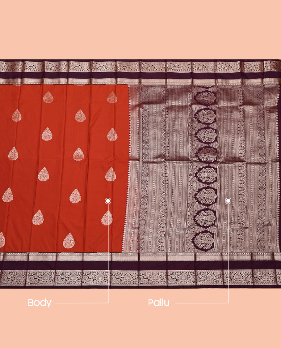 Rust Orange Budget Silk Saree, Showcasing Zari Buttas All Over Its Body, Complemented by a Contrast Traditional Zari Design Rettai Pettu Border, Intricately Designed Pallu, and Paired with a Contrast Blouse