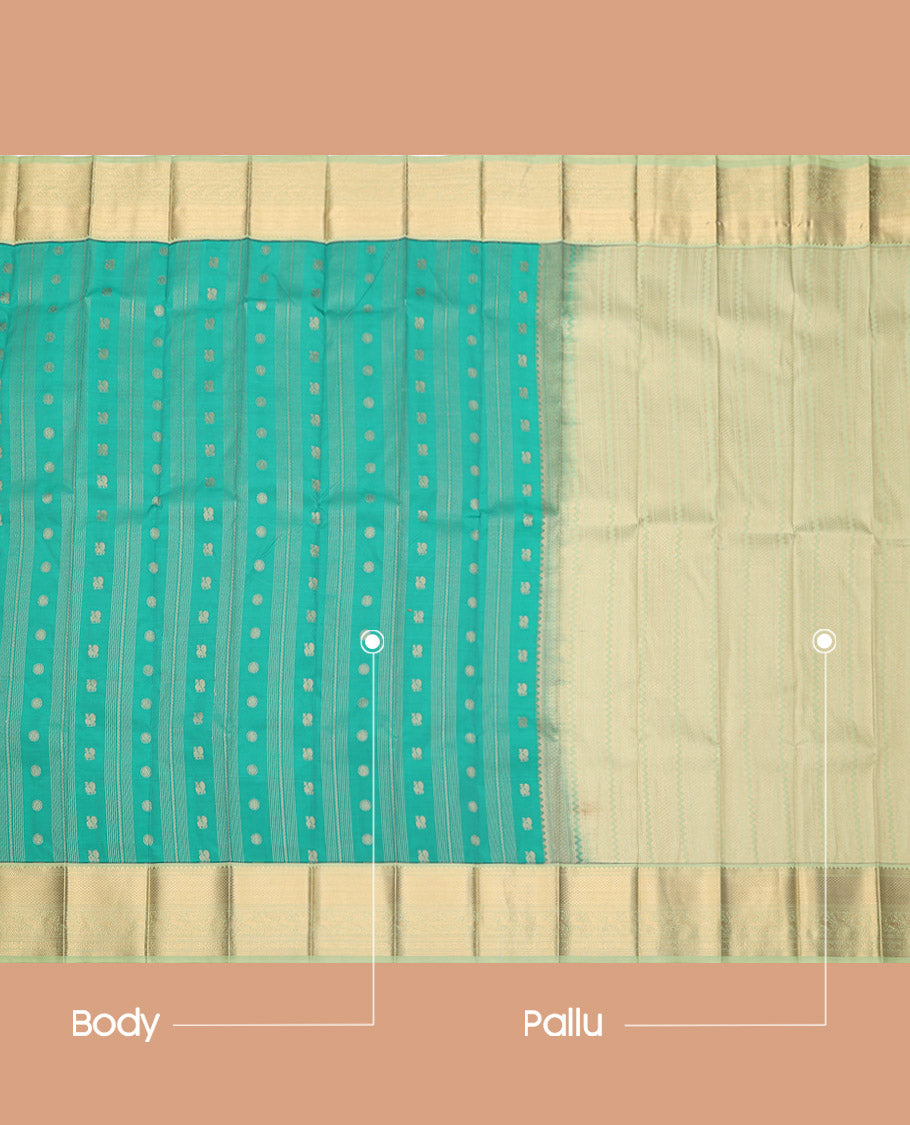 Green Budget Silk Saree, Sparsely Threaded with Peacock Buttas and Stripes, Complemented by a Contrast Traditional Zari Border, Grand Pallu, and a Contrast Blouse
