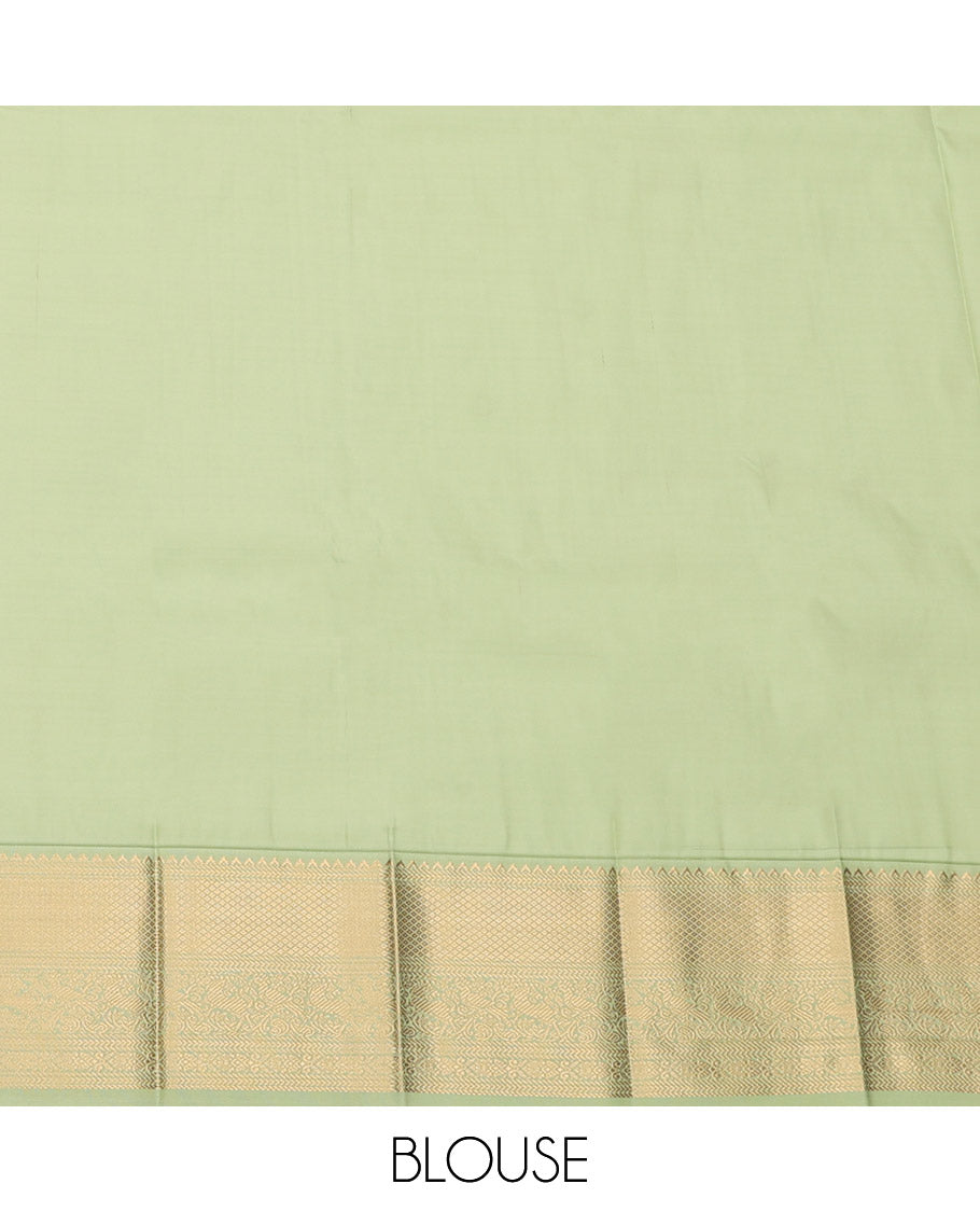 Green Budget Silk Saree, Sparsely Threaded with Peacock Buttas and Stripes, Complemented by a Contrast Traditional Zari Border, Grand Pallu, and a Contrast Blouse