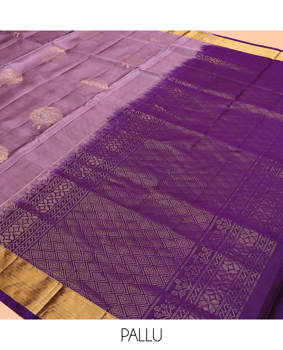 Lavender Mayuri Lite Silk Mix Saree, Beautified with Zari Buttas All Over Its Body, Highlighted by Zari Bavanji Border, Complemented by Contrast Pallu of Jaal Designs, and Paired with a Contrast Blouse