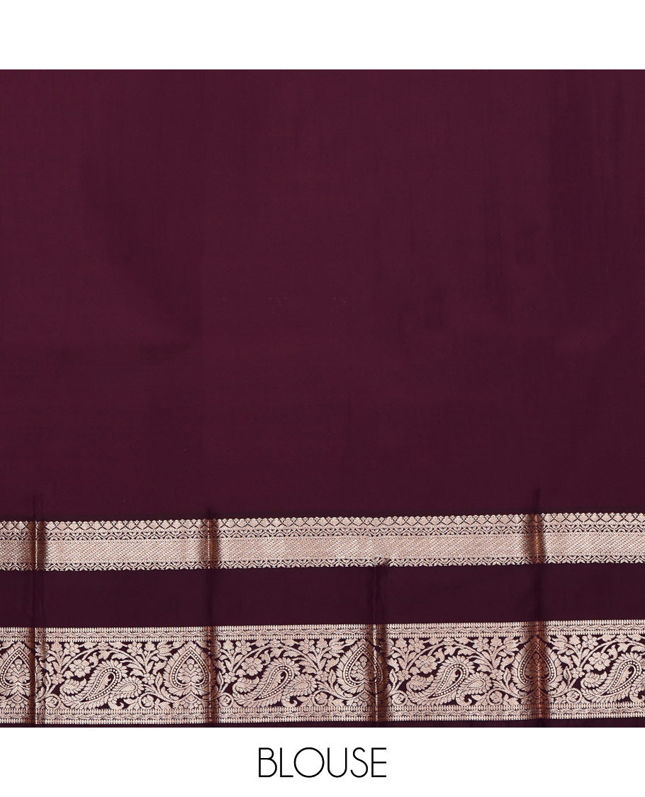 Rust Orange Budget Silk Saree, Showcasing Zari Buttas All Over Its Body, Complemented by a Contrast Traditional Zari Design Rettai Pettu Border, Intricately Designed Pallu, and Paired with a Contrast Blouse