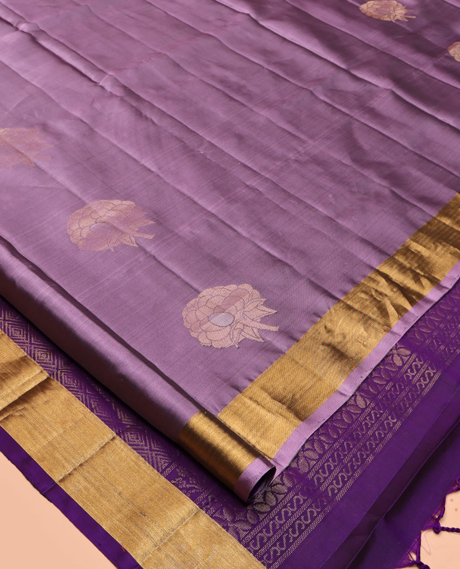Lavender Mayuri Lite Silk Mix Saree, Beautified with Zari Buttas All Over Its Body, Highlighted by Zari Bavanji Border, Complemented by Contrast Pallu of Jaal Designs, and Paired with a Contrast Blouse