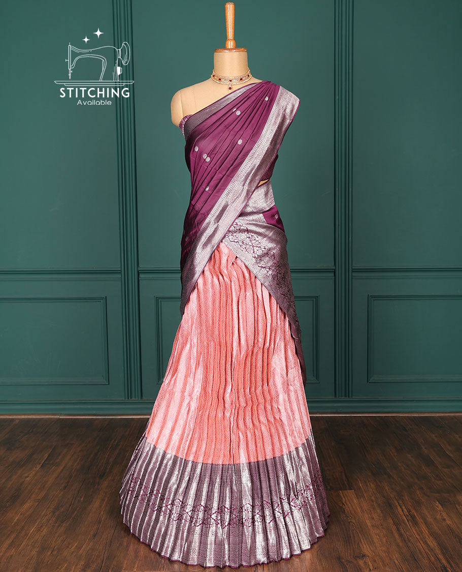 Pink jacquard art-silk half-saree, contrast traditional zari design border, jacquard blouse & intricate dupatta