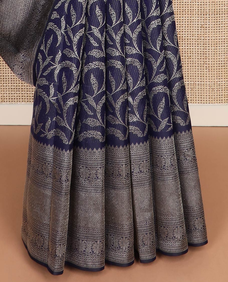 Blue floral-theme zari jacquard silk saree, intricate pallu & border of thilakam,neli,godhumai kann,kodi visiry & vanki