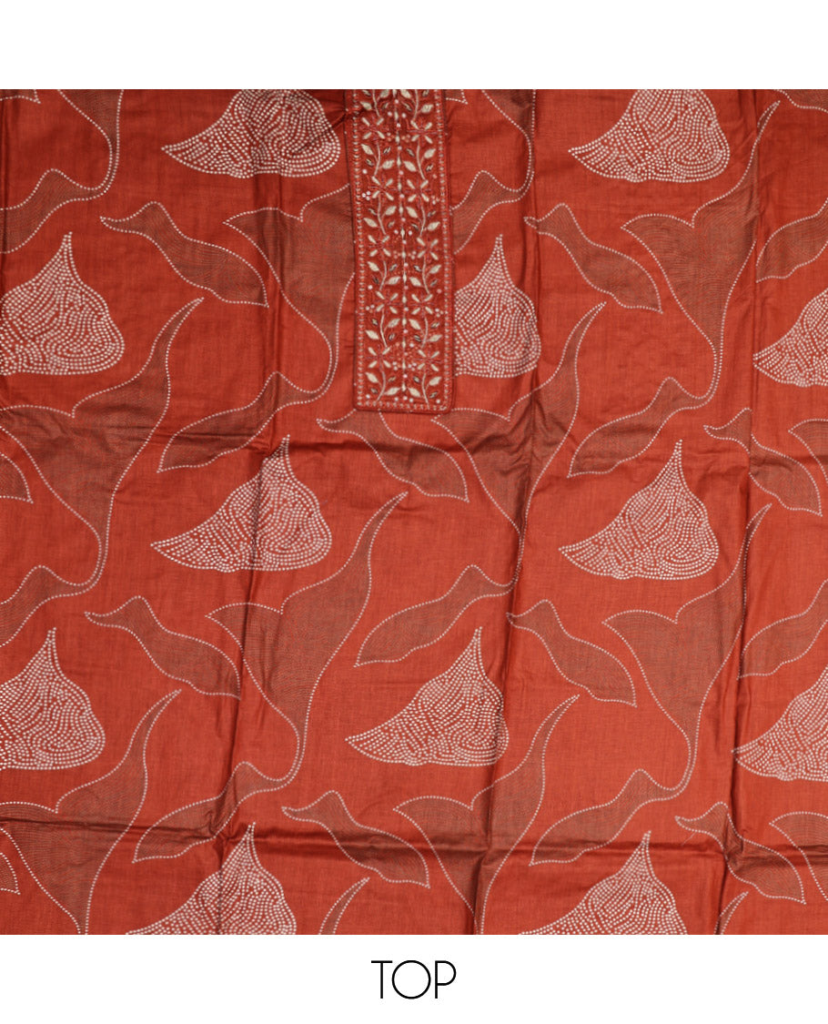 Rust Material Chudidar Set, Decorated with Abstract Print and Neck Embroidered Cotton Top, a Printed Cotton Bottom, and Paired with a Ikkat-Style Geometric Printed Cotton Dupatta