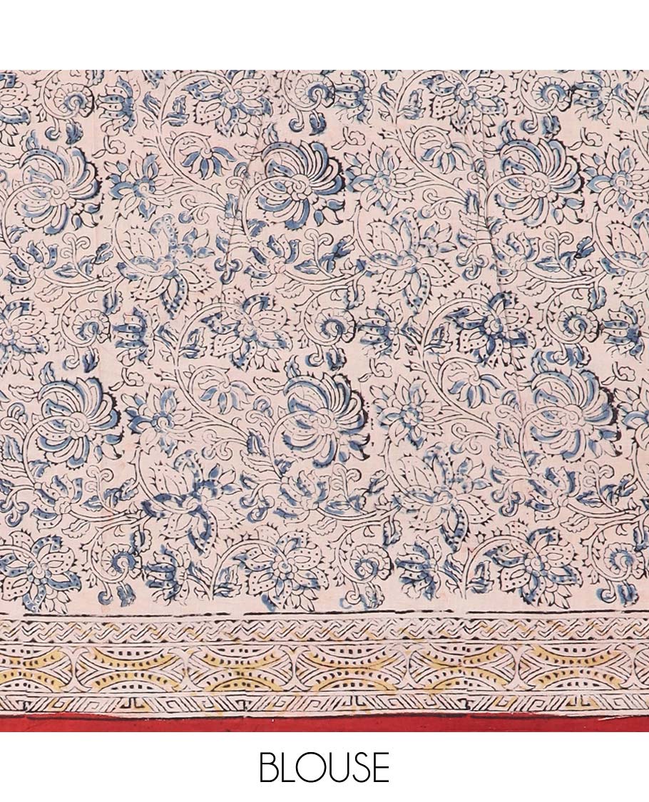 Red floral design machine-printed kalamkari cotton saree with contrast traditional design border & floral design pallu