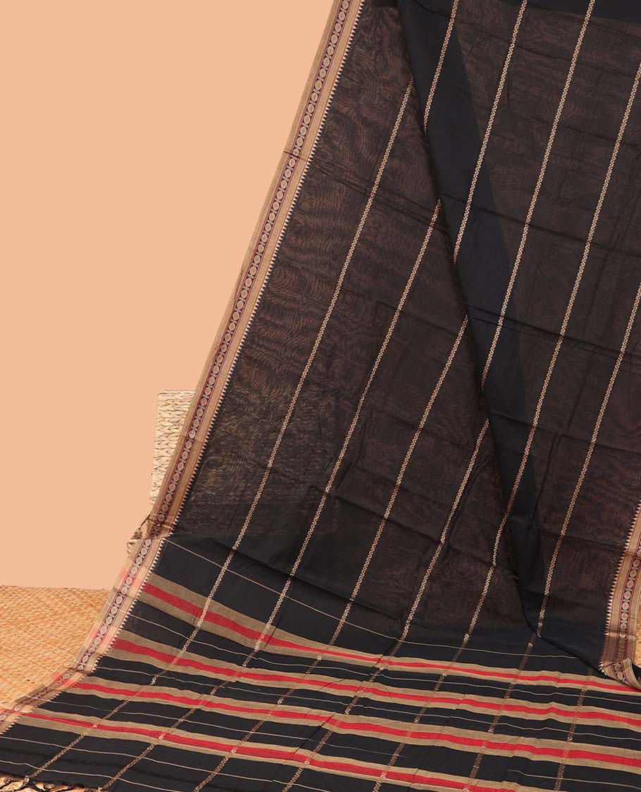 Black striped Narayanapet cotton saree, contrast traditional design border & striped pallu
