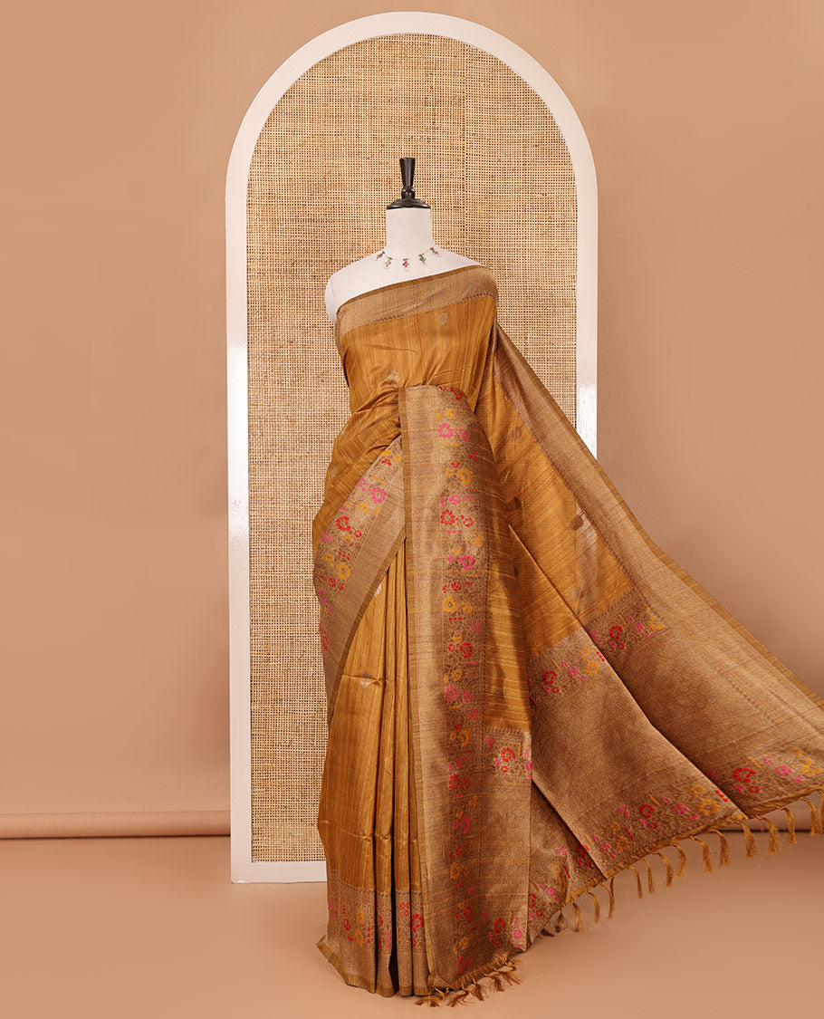 Mustard floral zari buttas jute silk saree, contrast meenakari floral creeper & jaal design border, jaal pallu & matching plain blouse