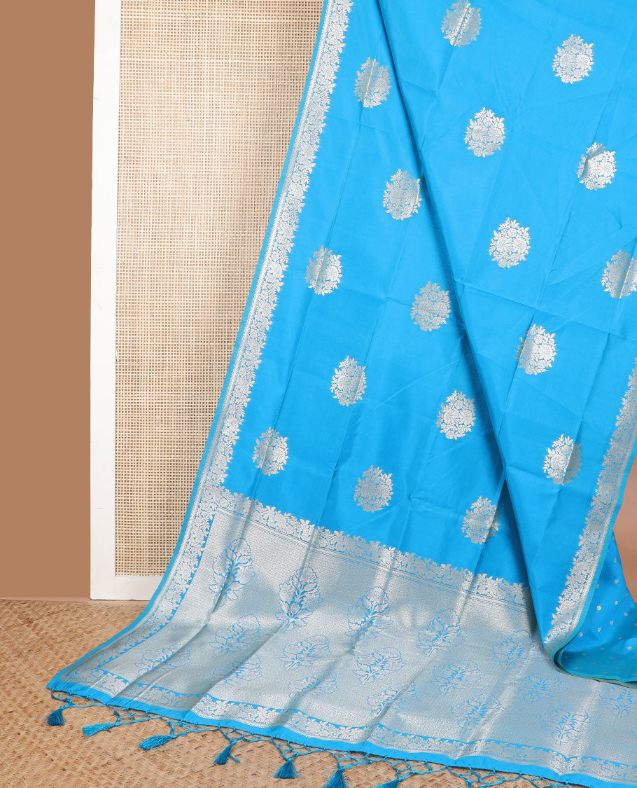 Blue floral motifs butter silk silk saree with self floral zari design border & floral design pallu
