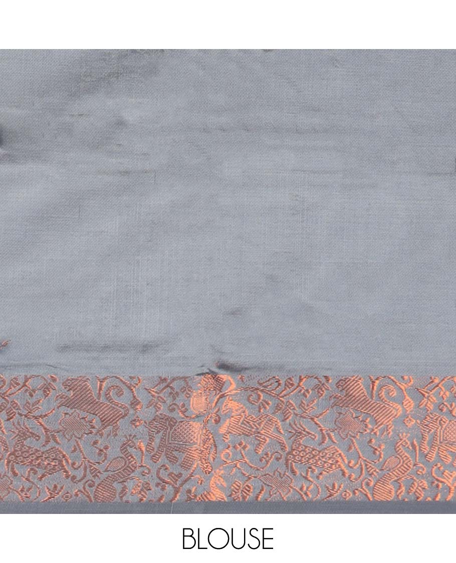 Grey floral motifs banana pith saree with contrast zari border & striped , floral motifs pallu