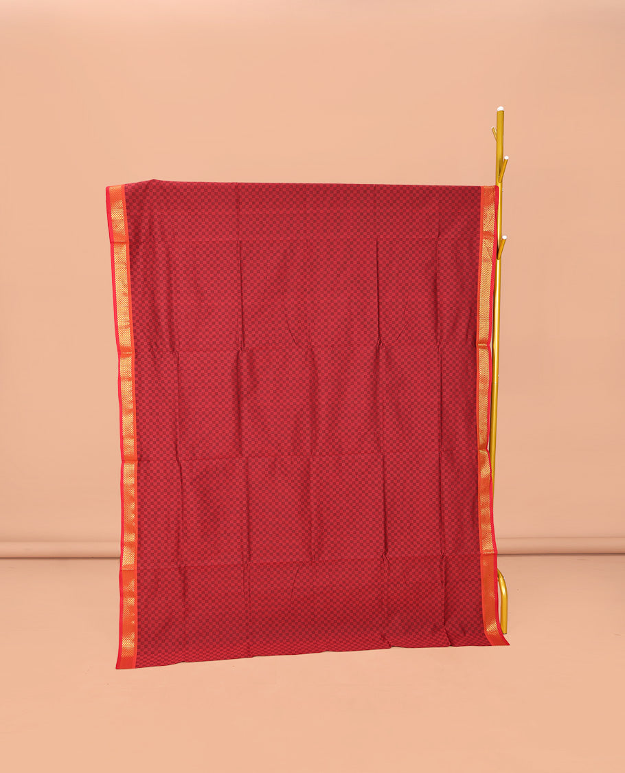 Maroon Checked Poly Cotton Saree, Complemented by Contrast Zari Border, Pallu of Stripes, and Paired with a Contrast Blouse
