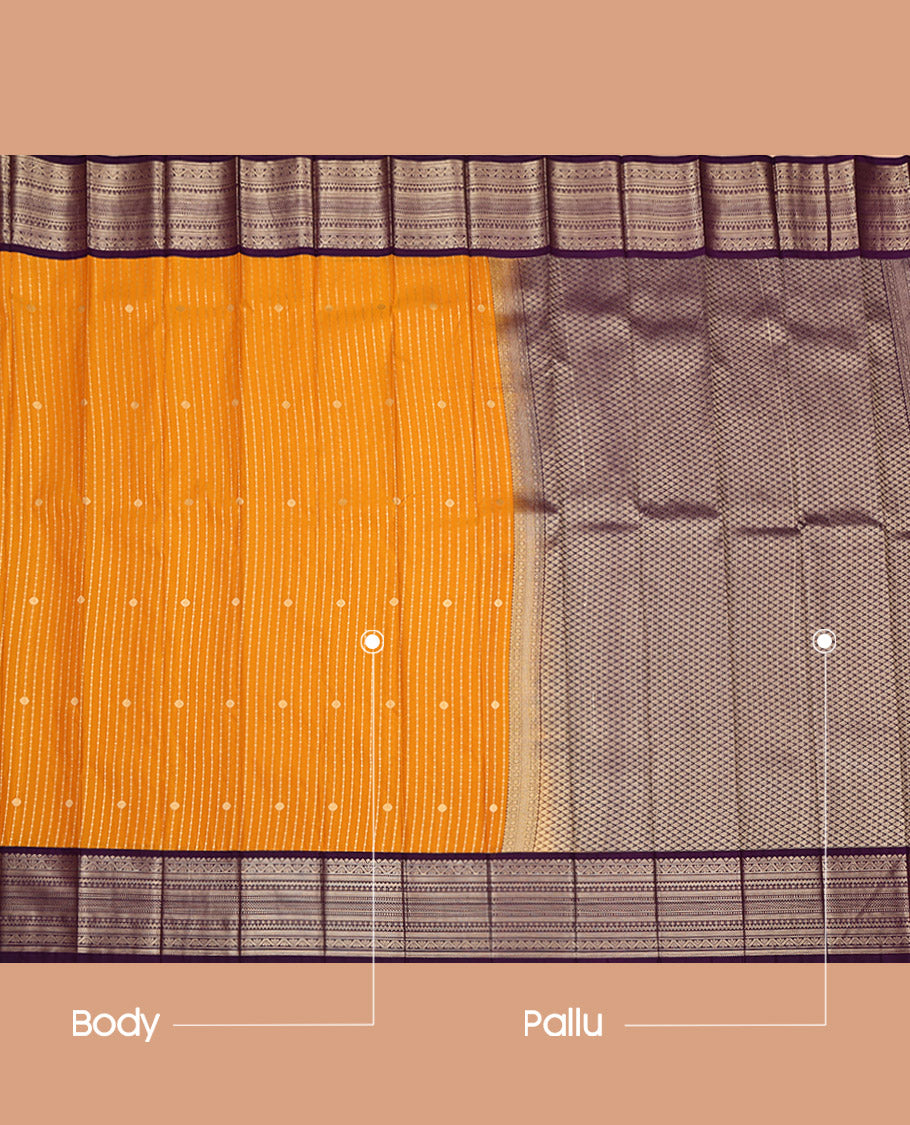 Yellow Budget Silk Saree, Detailed with Zari Stripes on Its Body, Complemented by a Contrast Traditional Zari Design Border, Grand Jaal Pallu, and Paired with a Contrast Blouse