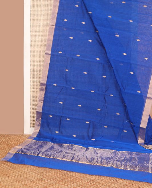 Blue leaf motifs chanderi cotton saree with contrast zari border & striped pallu