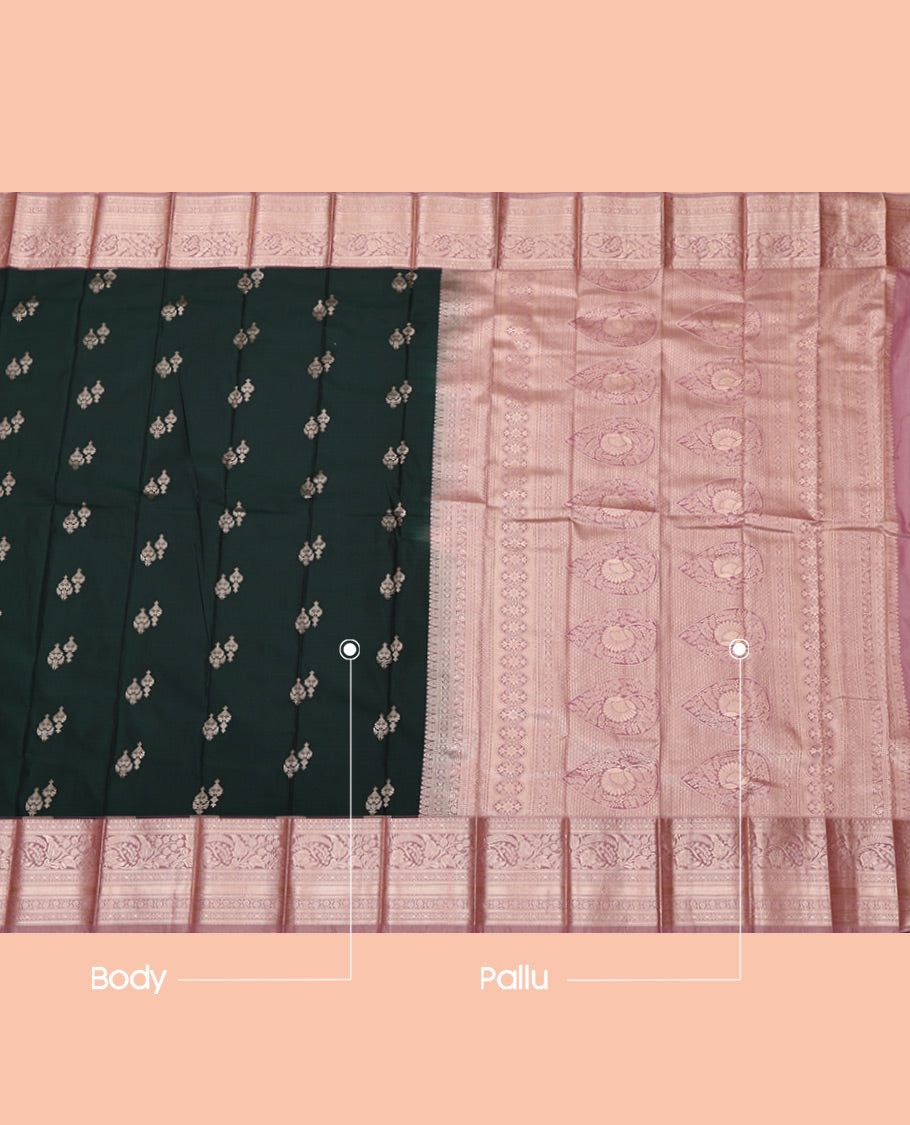 Green Budget Silk Saree, Ornamented with Zari Buttas All Over Its Body, Complemented by a Contrast Traditional Zari Design Border, Intricate Pallu, and Paired with a Contrast Blouse