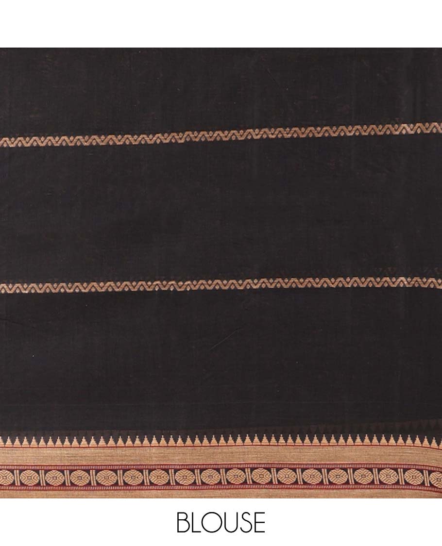 Black striped Narayanapet cotton saree, contrast traditional design border & striped pallu